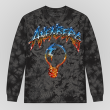Front view of the Anenberg Air Guitar Black Crystal Wash Long Sleeve T-Shirt featuring distressed black and gray tie-dye fabric, oversized metallic blue and fiery red Anenberg lettering, and a colorful light bulb graphic with a lightning bolt. California streetwear graphic tee with ribbed cuffs and original screen-printed artwork.