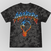Front view of the Anenberg Air Guitar Black Crystal Wash T-Shirt featuring distressed black and gray tie-dye fabric, oversized metallic blue and fiery orange-red Anenberg lettering, and a colorful retro light bulb graphic with a lightning bolt. Premium California streetwear graphic tee with original screen-printed artwork.