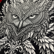 Close-up of the Anenberg Truth & Honor Black T-Shirt featuring intricate black-and-white ornamental owl artwork with piercing eyes, detailed layered feathers, Gothic flourishes, and Truth and Honor lettering across the eyebrows. Elaborate vintage engraving-style screen-printing on black fabric.
